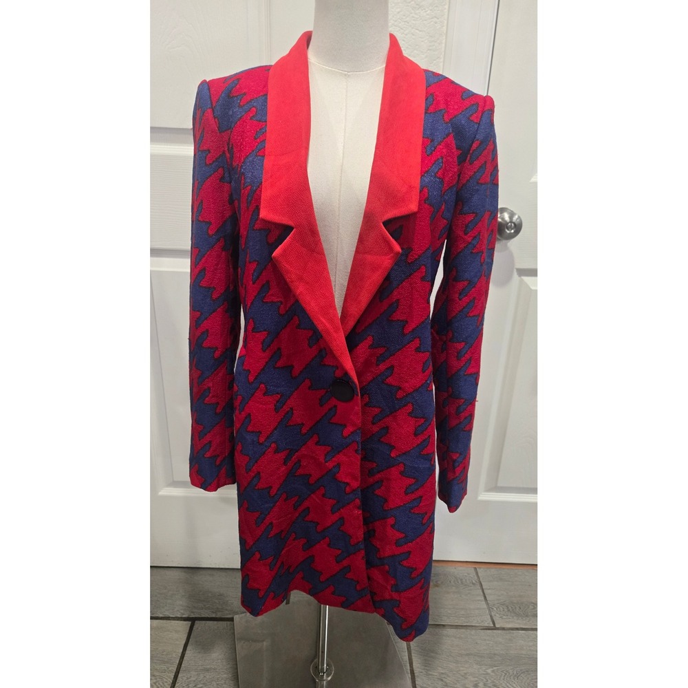 Zen Red Purple Oversized Houndstooth Blazer Coat XL Longline Button Back Jacket